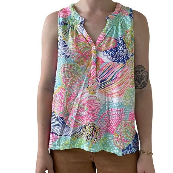 Lilly Pulitzer Womens Neon Floral Tropical Multicolor Beach Tank Top Sz M - Picture 1 of 9